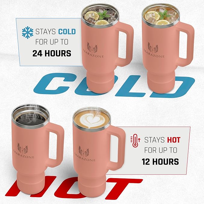 40 oz Insulated Tumbler with Handle and Straw – Double Wall Stainless Steel Vacuum Cup | Car Cup Holder Fit | Hot Cold Travel Mug | BPA Free Reusable Water Bottle Gift for Her (Sunset Pink)
