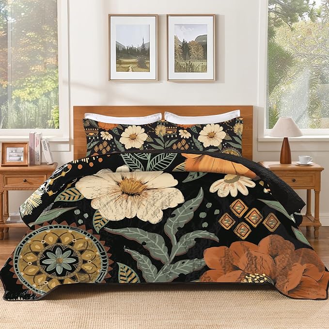 Andency Floral Boho Quilt King Size Bedding Set Dark, 3 Pieces Farmhouse Flower Botanical Summer Bedspreads with 2 Shams, Soft Reversible Lightweight Microfiber Coverlet Set for All Season, 106"x96"