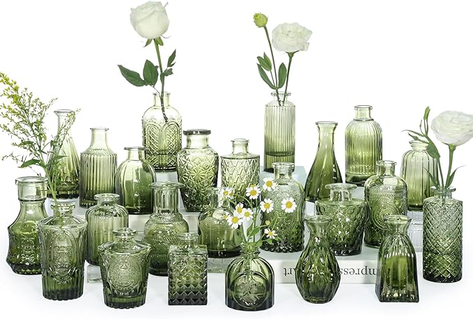 Bud Vase Set of 24, Green Bud Vases in Bulk, Small Flower Vases for Centerpieces, Mini Vintage Vase for Rustic Wedding, Home,Table Decoration