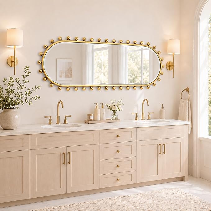 Oval Full-Length Wall Mounted Mirror 20" x 51", Antique Gold Beaded Beveled Mirror with Ball Frame, Vertical & Horizontal Hanging Wall Mirror for Bathroom, Bedroom, Dressing Room, Entryway