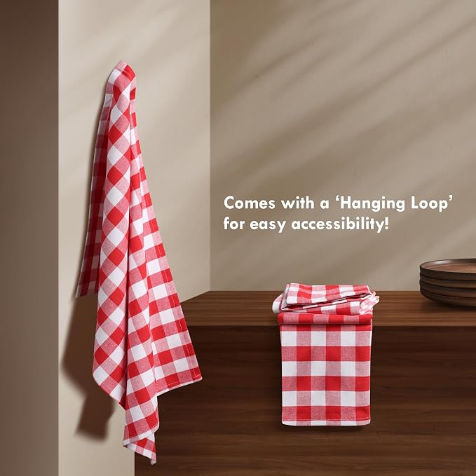 Gingham Check Dish Towels 12 Pack, 18"x26", Absorbent Hand Towels for Kitchen Use, Quick Dry Cloths, 100% Cotton, Durable Washable Rags, Reusable Dishcloth Set - Red, White