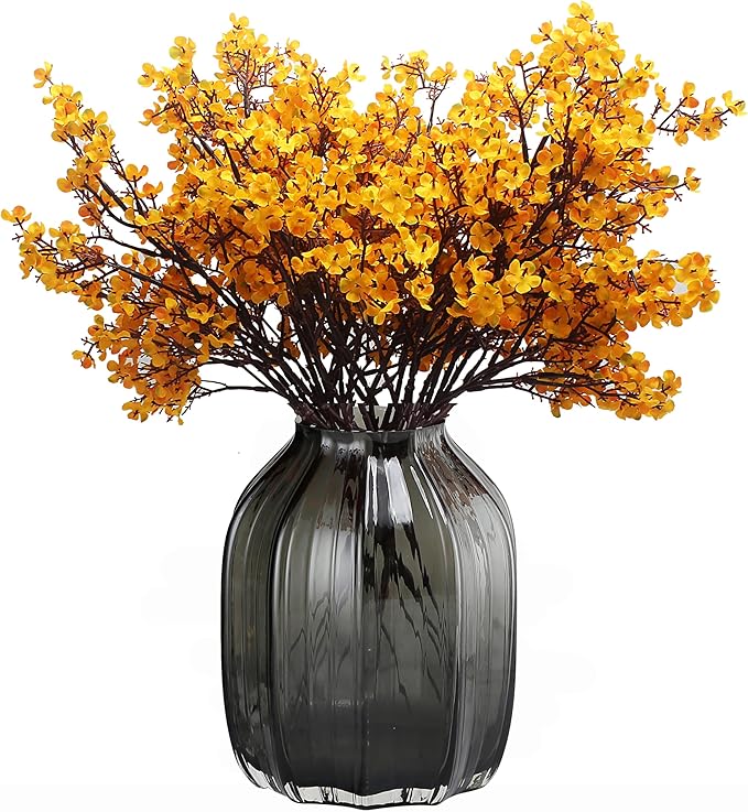 10pcs Babys Breath Artificial Flowers With Vase Gypsophila Bouquet Bulk Fake Spring Silk Flowers Real Touch Faux Floral for Home Kitchen Garden Wedding Christmas Decor (Yellow Orange With Vase)