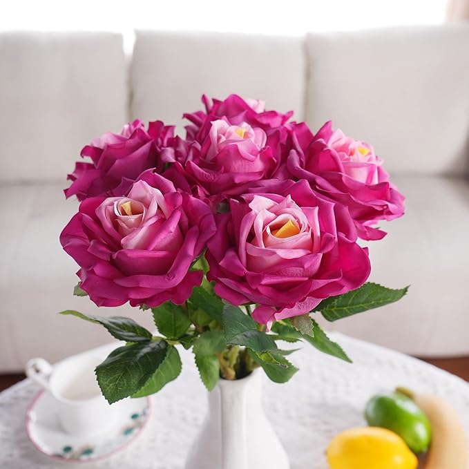 6 Pcs Silk Real Touch Latex Roses, Artificial Single Stem Big Bloom Faux Roses for Home Party Office Wedding Indoor Decor, Floral Arrangements, Table Centerpieces