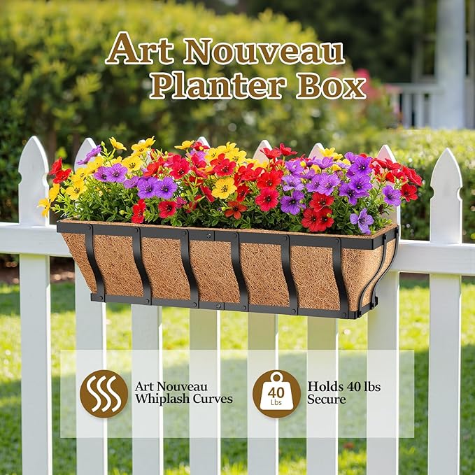 Railing Planter Boxes with Faux Flowers, Adjustable Balcony Planters for Railing Hanging, UV Sun Resistant Colorful Daisy for Porch Patio Balcony Home (1 Pack, 24 Inch)