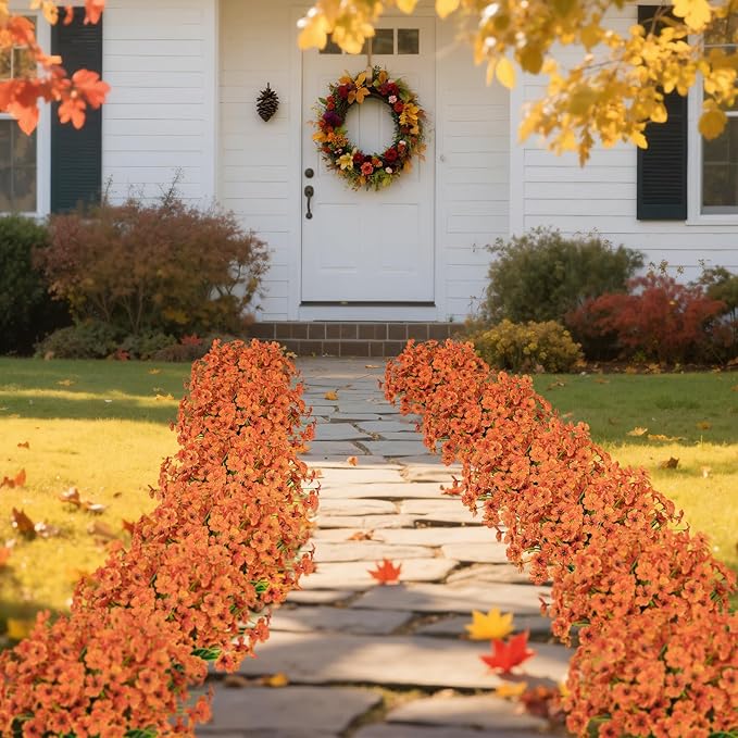 Ouddy Decor 12 Bundles Artificial Fall Flowers for Outdoors Fake Mums Fall Silk Flowers UV Resistant Faux Plastic Plants for Indoor Outdoor Vase Box Garden Porch Window Box Home Autumn Decor, Orange