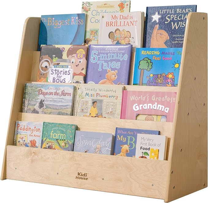 Wooden Kids Bookshelf, Montessori 4-Tier Toddler Bookcase, Birch Baby Single-Sided Book Shelf for Kids Rooms, Nursery, Bedrooms, Study Rooms