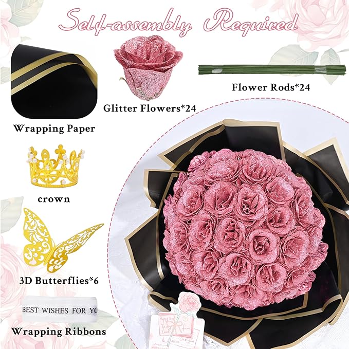 Waipfaru Glitter Roses Bouquet, DIY Fake Flowers Bouquet, Rose Gold Artificial Flower for Mothers Day Gifts, Valentines, Anniversary, Engagement, Wedding, 24 Pcs