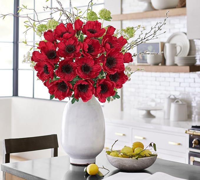 Hollyone 10 Heads Red Poppy Flowers Artificial 2Pcs Fake Poppies Flowers Bouquets with 7 Heads Full Bloom Poppy & 3 Buds Bouquet Stems Faux Floral Flower Arrangement for Party Table Home Decoration
