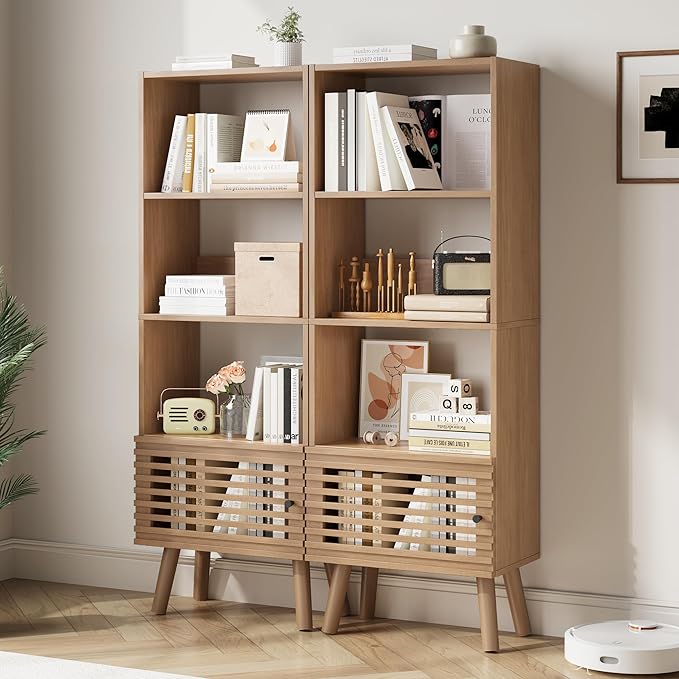 Small Narrow Corner Bookcase, 55" H Mid-Century Modern Bookshelf with Slatted Door, 4 Cube Bookcase with Open Shelf, Display Storage Cabinet for Living Room, Home Office, Oak