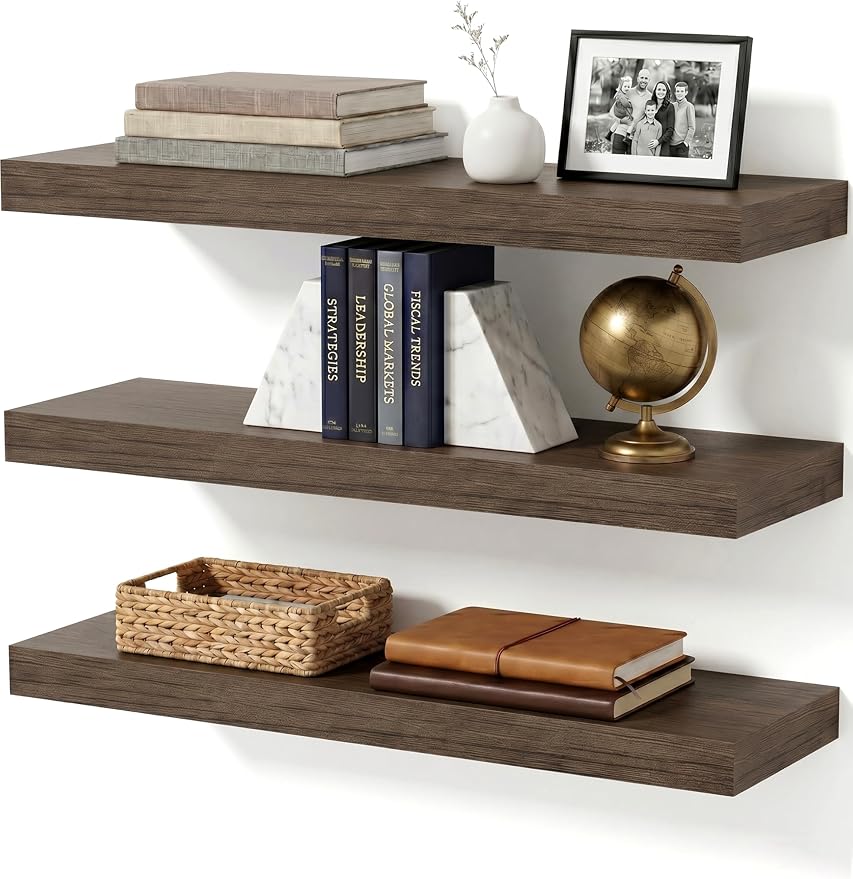 Floating Shelves for Wall, Bathroom Shelves Over Toilet, Wall Shelves & Book Shelf for Room, Hanging Shelf, Modern Wooden Mounted Floating Shelves, 24x7x1.5 in (Smoke Gray, Set of 3)