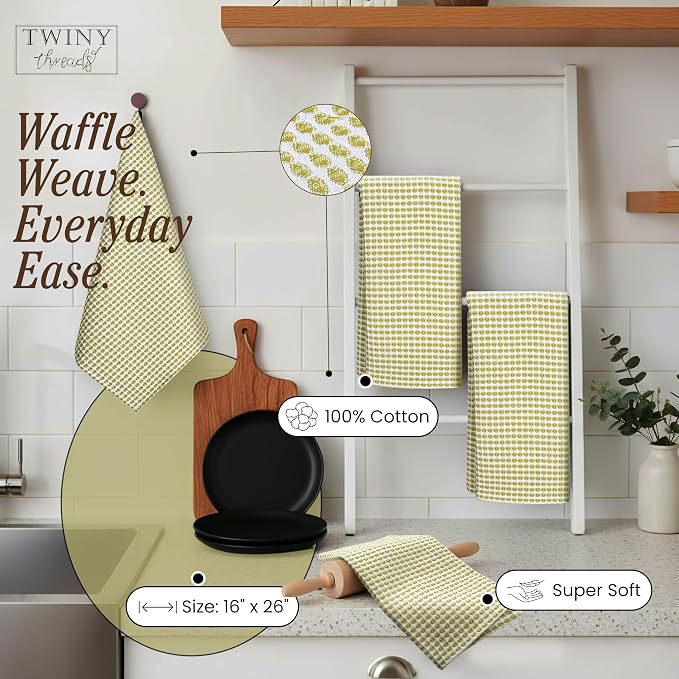 TWINY threads Circle Waffle Kitchen Towels 4 Pack, 16"x26", 100% Cotton, Super Absorbent, Durable, Vibrant Dishcloth Set, Great for Summer Decor, Cleaning Spills, Lemon Green
