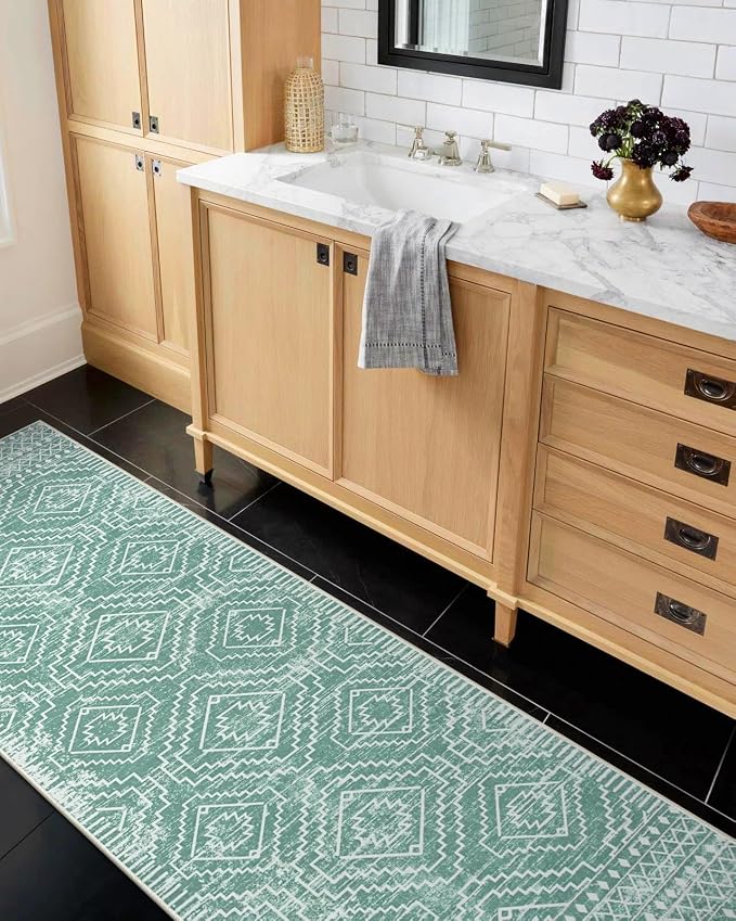Wonnitar Moroccan 2'6"x8' Washable Kitchen and Bathroom Rug, Sage Green Boho Laundry Room Carpet, Thin Non-Slip Runner for Bedroom Hallway Closet (Mint Green, 2'6"x8')
