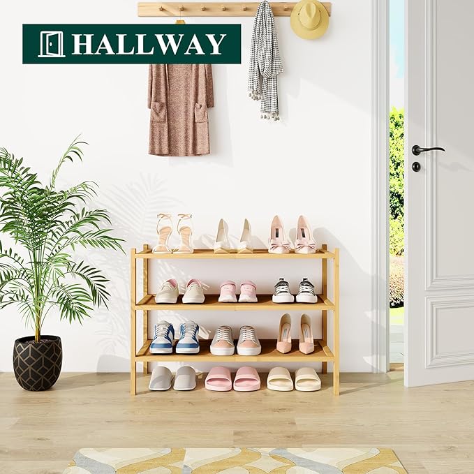 Smiry Bamboo Shoe Rack, 3 Tier Shoe Organizer for Entryway & Closet, Stackable Free Standing Storage Shelf for Shoes, Bags & Plants, Natural