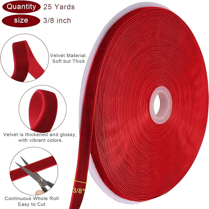 25 Yards Red Velvet Ribbon for Christmas Tree,3/8 Inch Velvet Christmas Ribbon for Gift Wrapping Crafts Bow Wreath Holiday Decorations (Red)