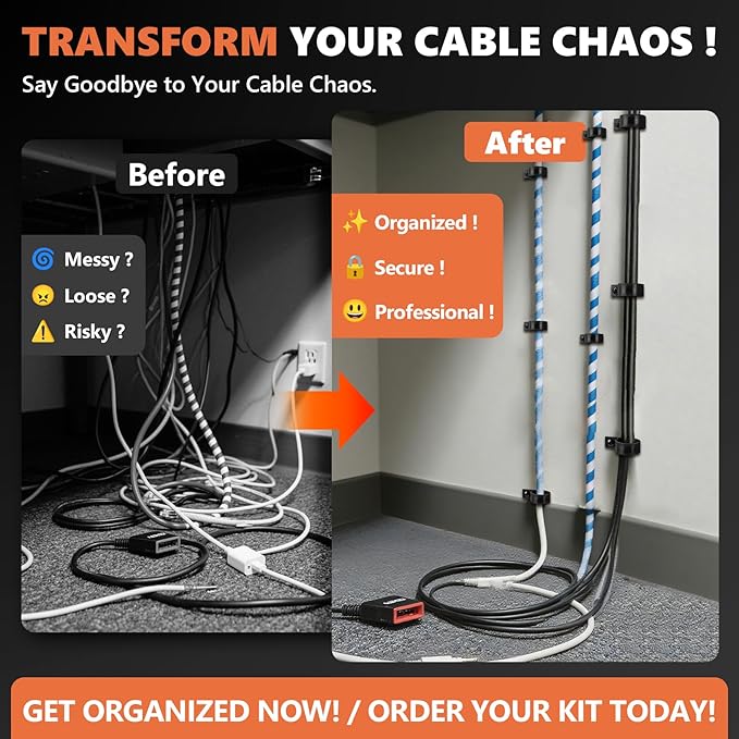 320PCS Black R Cable Clips-6 Sizes 3/16''1/4'' 3/8''1/2''3/4''1''-Premium PA66 Nylon | High Temp Resistant | Durable Wire Management Clamps Assortment Kit with Screws for Organizing Wires Cords