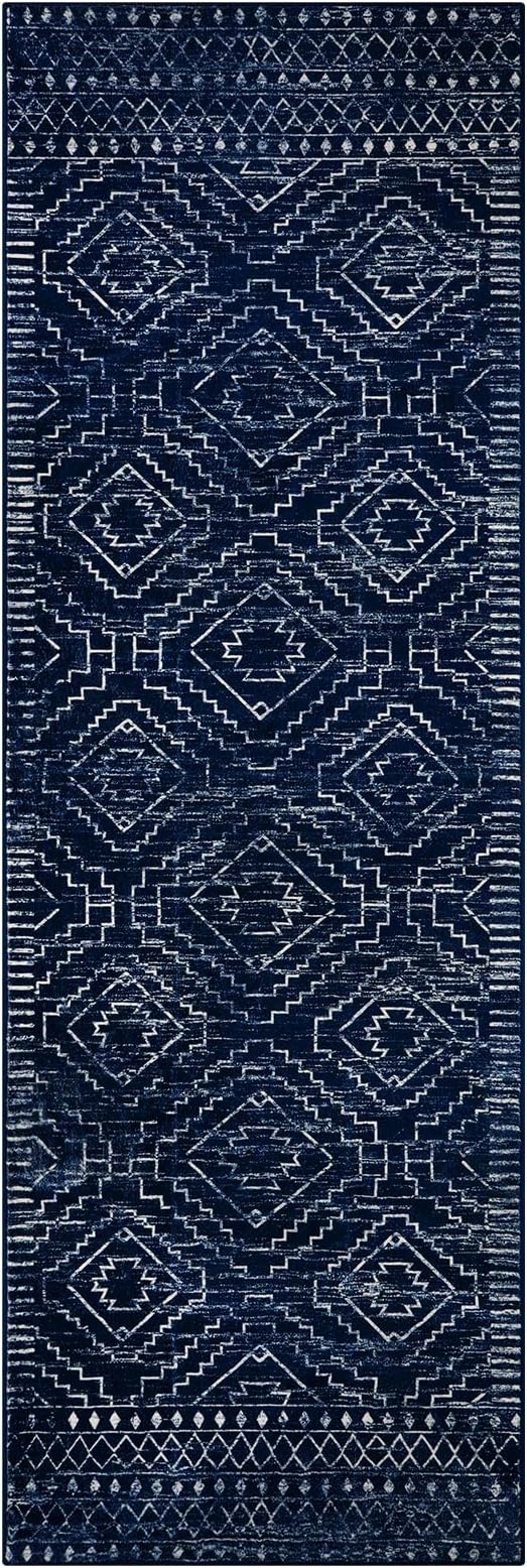 Wonnitar Moroccan Kitchen Runner Rugs, Non-Skid Washable Runner Rug 2x6, Bohemian Non-Shedding Soft Blue Hallway Runner, Geometric Low Pile Carpet Runner for Laundry Bath Entrance (Blue,2'x6')