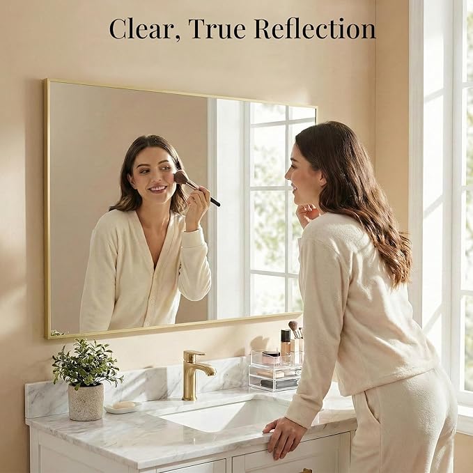 48"x30" Gold Landscape Bathroom Mirror for 48-60 inch Vanity | Shatterproof Tempered Glass, Narrow Metal Frame, Ultra-Flush Mount