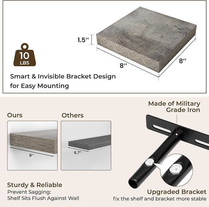RICHFOCUS 8 Inch Floating Shelves for Wall Small Square Shelves Set for Bedroom|Kitchen|Bathroom|Laundry Room Rustic Wood Wall Mounted Shelf with Invisible Brackets for Books|Storage|Decor, Grey