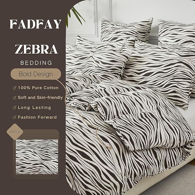FADFAY Zebra Duvet Cover King, 100% Cotton Chocolate and White Animal Print Bedding Set, 3 Pieces with Zipper Closure & Corner Ties