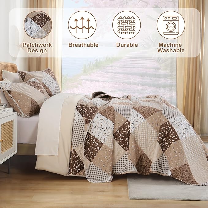 Dinjoy Floral Plaid Patchwork Quilt Set King Size, Reversible Brown Bedding Set Soft Microfiber Lightweight Bedspread Coverlet 3 Piece Fall Autumn Summer Use (110x90 inches)