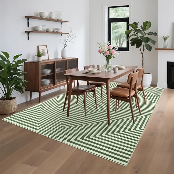 Washable Modern Lines Large Rug 10x13 for Living Room Modern Geometric Rugs Low Pile Soft Bedroom Carpet Thin Foldable Abstract Floor Carpet for Dining Kids Room Playroom, Green