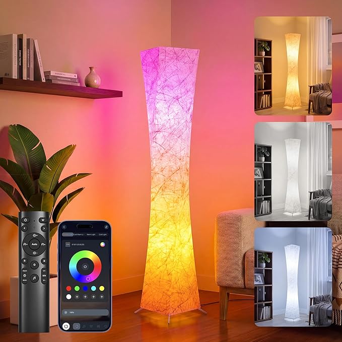61'' Square Floor Lamp, RGB LED Corner Floor Lamp with Music Sync, 16W+ Colors & 3 Color Temperatures, APP & Remote Control, Modern Standing Lamp for Living Room Bedroom