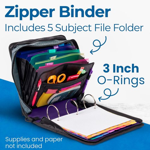 Case-it Mighty Zip Tab School Zipper Binder - 3-Inch O-Rings, 600-Sheet Capacity, 5-Subject Organizer | Purple Eclipse