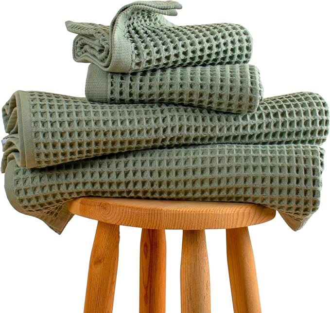 PÜSKÜL 4-Piece Natural 100% Turkish Cotton Luxury Waffle Towels for Bathroom | Premium Honeycomb Weave 2 Hand Towel & 2 Bath Towel Set | Soft Absorbent Quick-Dry Lightweight Towels (Sage Green)