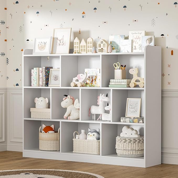 White Bookshelf, Wood Bookcase with 3 Tier Open Shelves, 10-Cube Minimalist Storage Shelf for Living Room, Bedroom, 43.3" W x 35.4" H