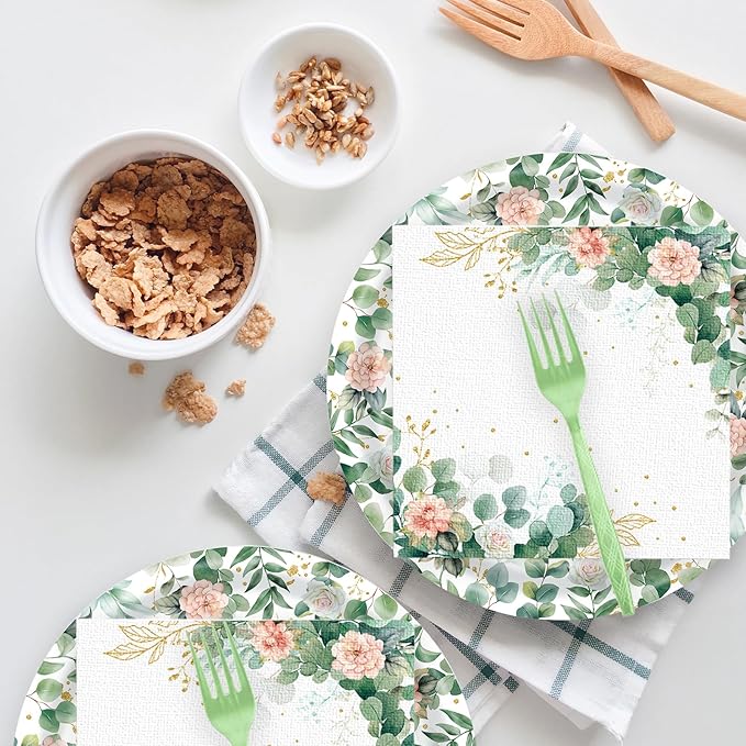 72 Pcs Floral Paper Plates and Napkins Party Supplies, Sage Green Disposable Tableware Set for Spring Summer Picnic Wedding Birthday Baby Shower Tea Party Decorations, Serves 24