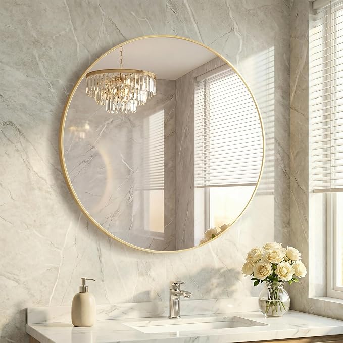 36 Inch Gold Round Bathroom Wall Mirror, Round Mirrors for Wall Decor, Circle Mirror for with HD Shatter-Proof Glass for Entryway, Living Room, Bedroom, Dressing Room, Home Decor