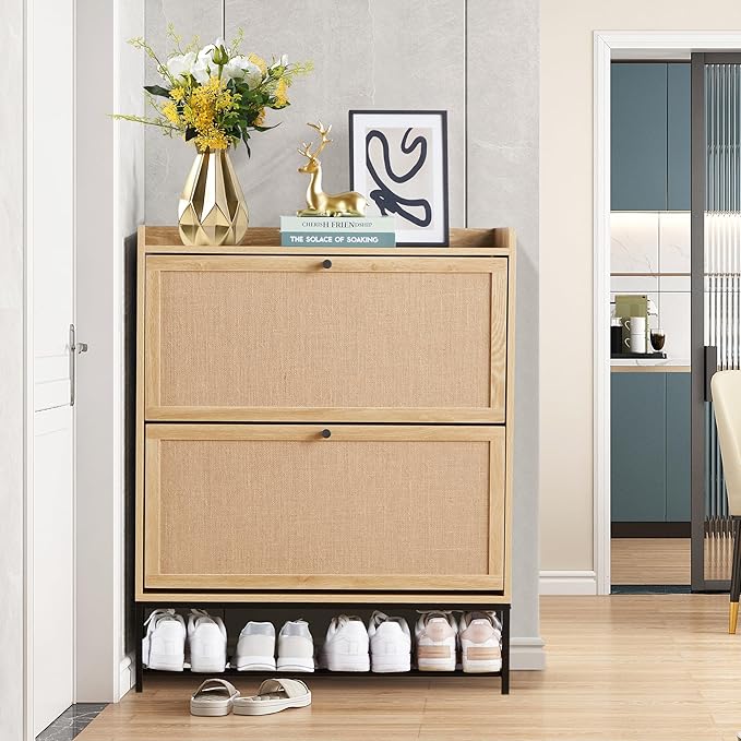 LEVNARY Shoe Cabinet Set of 2, Wooden Narrow Shoe Racks Cabinet Storage with 2 Flip Drawers, Hidden Freestanding Shoe Organizer for Hallway, Entryway, Home (2, Natural Oak)
