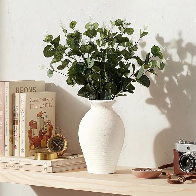 LUKA Ceramic Rustic Farmhouse Vase, 9.2 inch Whitewashed Terracotta Vase, Pottery Decorative Vases,Clay Decorative Vases for Home Decor, Table, Living Room, Shelf, Mantel Decoration(Off-White)