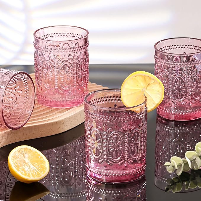 Darlion 6 Pack Pink Vintage Glassware Set, 10oz Romantic Drinking Glasses, Colored Water Glasses, Pink Embossed Glass Cups for Juice, Cocktails, Beer, Iced Tea, Soda