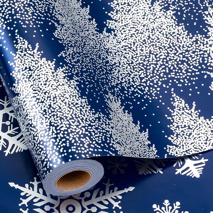 MAYPLUSS Blue Christmas Wrapping Paper Roll, Tree Wrapping Paper, Luxury Navy Blue Shiny Christmas Tree and Snowflakes Gift Wrap for Holiday Gift Packaging, Festive Decoration (17 Inch X 16.5 Feet)