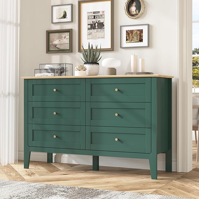 6 Drawers Green Dresser for Bedroom, 47" Wide Wood Modern Chest of Drawers, Shaker Style, Modular Dresser TV Stand for Bedroom, Living Room, Hallway (Green)