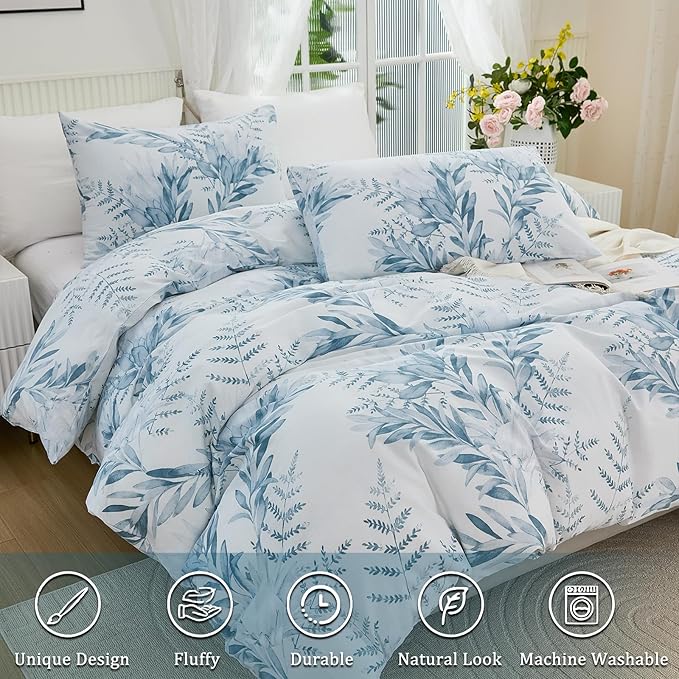 100% Cotton Duvet Cover King Size 3 Pieces, Blue Leaf Duvet Cover with Zipper Closure, Soft Floral Bedding Set White and Blue for All Season, Breathable, Ultra Soft