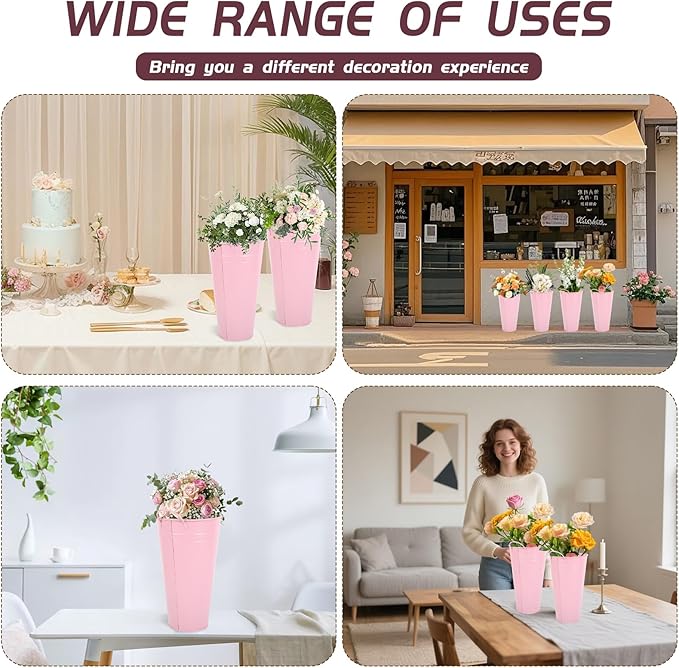 Flower Bucket for Flower Bar, 6 Pcs 10.2 Inch Metal Vases with Handles, Leak-Proof Pink French Buckets for Valentine's Day, Wedding Centerpieces, Baby Shower, Mother's Day, Farmhouse Rustic Home Decor