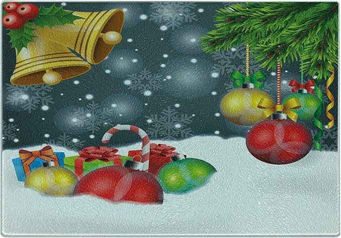 Ambesonne Christmas Cutting Board, Words Print with Original Celebration Objects with Presents and Candies Image, Decorative Tempered Glass Cutting and Serving Board, Small Size, Grey Yellow