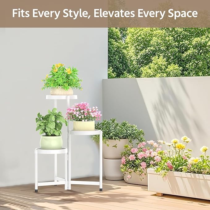 LASZOLA 3 Tiered Plant Stand Indoor Outdoor with Plastic Tray, Corner Folding Tall Flower Display Rack, Modern Plant Holder Shelf for Outdoor Patio Porch Garden Office Living Room, White