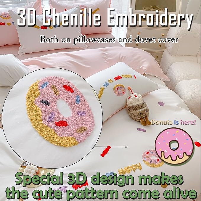 MorroMorn Cotton Duvet Cover Queen Size, 3D Embroidery Queen Bedding Sets All Seasons, Cute Chenille Embroidered Comforter Covers Soft Sweat-Absorbent for Girls Kids Teen (Donut White, Full/Queen)