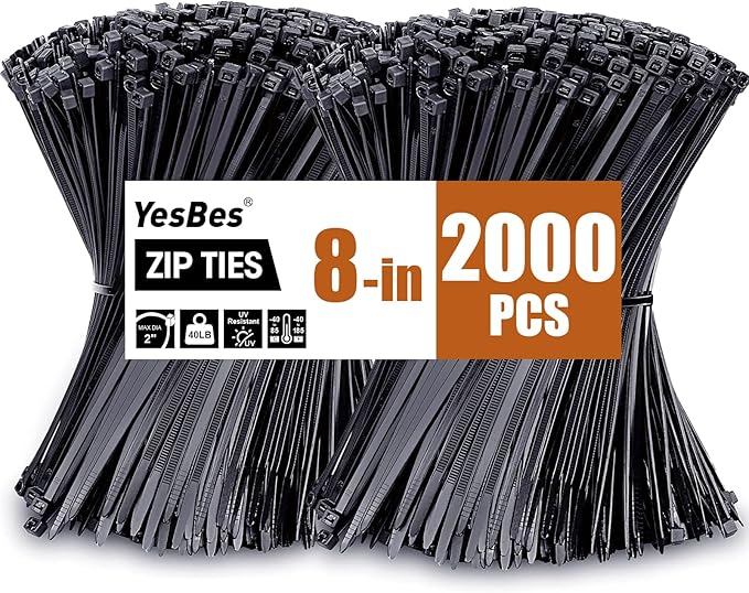 2000 PCS Zip Ties 8 Inch, Cable Ties 40lbs Tensile Strength, Black Zip Ties for Indoor and Outdoor Use, UV Resistant Wire Ties