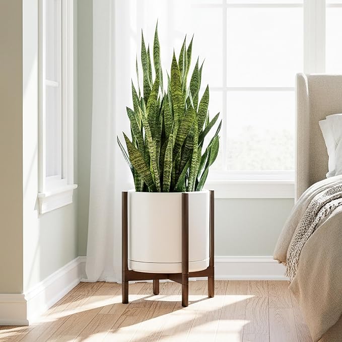 D'vine Dev Ceramic Planter with Walnut Color Stand - 14 Inch Modern Round Flower Pot with Wood Planter Holder, White, 55-B-T-1