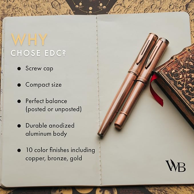 Wordsworth and Black Fountain Pen Mini EDC: Luxury Copper Heavy Pocket Pen, Medium Nib, 6 Ink Cartridges, Ink Converter, Travel Refillable Writing Pen Gift Set, Men & Women