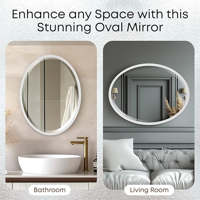OVALCREST - Oval Wooden Beveled Wall Mirror for Home Decor, Bathroom, Vanity, Bedroom, Living Room, Hallway - London Style (Linen White) 25.1 x 19.1