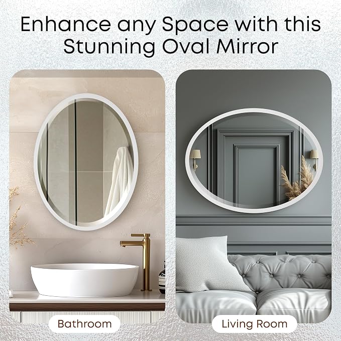 OVALCREST - Oval Wooden Beveled Wall Mirror for Home Decor, Bathroom, Vanity, Bedroom, Living Room, Hallway - London Style (Linen White) 21.1 x 17.1