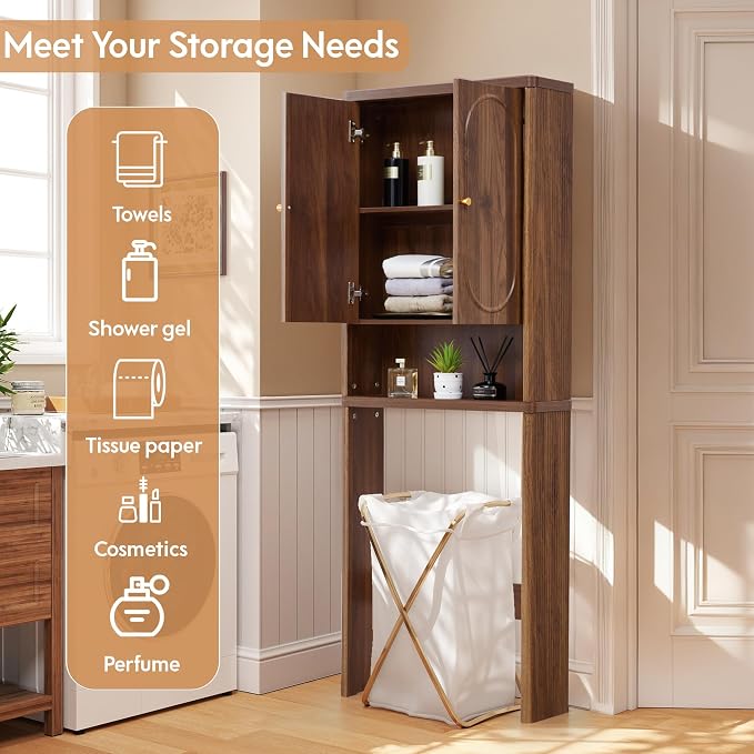 ORRD Fluted Over The Toilet Storage Cabinet, Bathroom Toilet Storage Cabinet with Door, Wood Curved Over The Toilet Space Saver Cabinets for Restroom Bathroom, Walnut