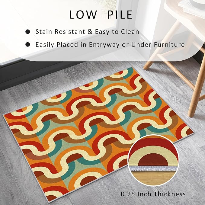 70s Retro Rug 4x6 Checkboard Striped Groovy Pop Pattern Area Rugs for Living Room, Bedroom, 70s Retro Home Decor Accessories Indoor Carpet, Non Slip & Machine Washable, GD0355