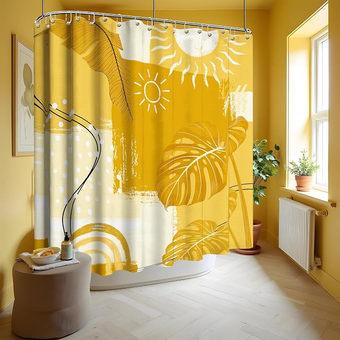 Extra Long Shower Curtain XL Mustard Yellow Leaf, 108 x 72 Inchs | for Extra Tall 108 Inchs Shower, Boho Botanical Pattern Design, Large Bathroom Decor Sets Waterproof Cloth Fabric, with Hooks