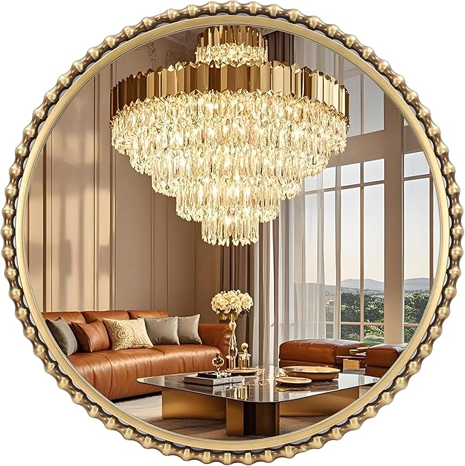30 Inch Round Gold Bathroom Mirror – Antique Gold Beaded Frame, Large Vintage Decorative Wall Mounted Mirror for Vanity, Bedroom, Living Room, Entryway, 30" Round Gold Accent Mirror